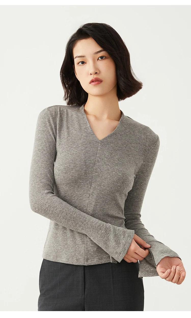 K2528L Luxury Wool Tencel Base Shirt T-Shirt Luxury Women's High Quality Autumn New Solid Color V Neck BC