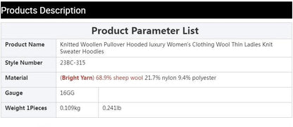 BC-315 Knitted Woollen Pullover Hooded luxury Women's Clothing Wool Thin Ladies Knit Sweater Hoodies