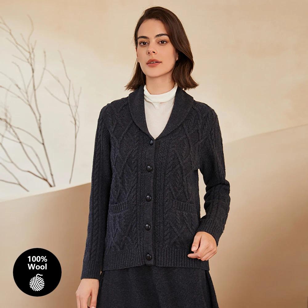 BC-298 Single Breasted Turn-Down Collar 7GG 2/26NM 100% Wool Clothes Knitwear Women Wool Cardigan Knit Sweater Cardigan Women