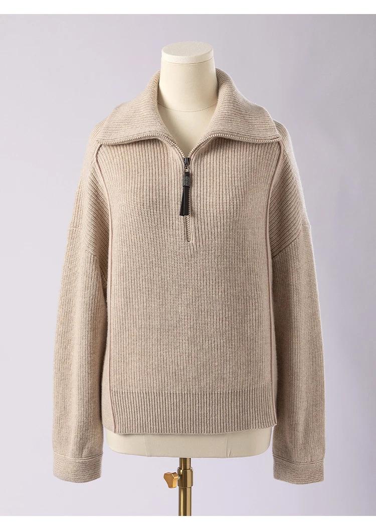 BC-307 In Stock Luxury Turn Collar Half Zipper 100% Wool Clothes Women Sweater Knit Sweater Woman Pullover Sweater