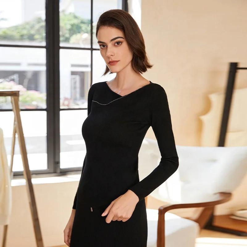 BC-296 Luxurious Asymmetric Collar 16GG 3/80NM 100% Merino Jumper For Women Wool Women's Sweaters ClothesKnit Sweater Knit Top