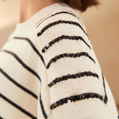 BC-200 Striped Sequined Batwing Sleeved Loose 2/26NM 7GG 100% Merino Wool Clothes Knit woolen Tops For Women's Sweaters