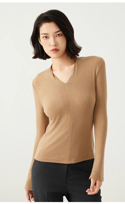 K2528L Luxury Wool Tencel Base Shirt T-Shirt Luxury Women's High Quality Autumn New Solid Color V Neck BC