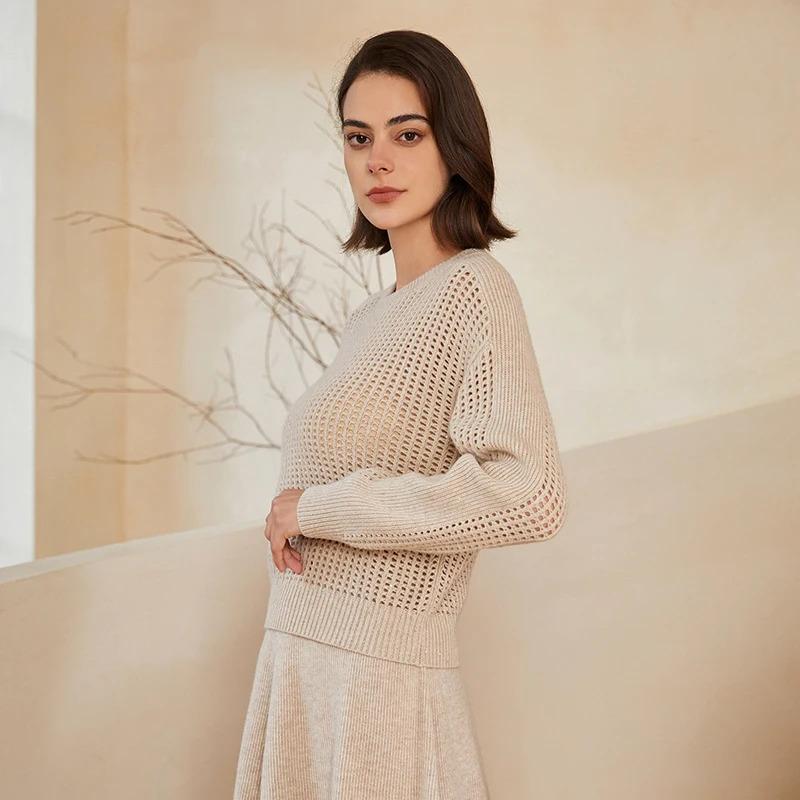 BC-317 Thick Cut Out Round Neck 100% Pure Wool Clothes Women's Pullover Top Knitted Sweater Women's Sweaters Woolen Sweater