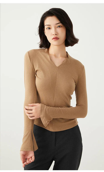 K2528L Luxury Wool Tencel Base Shirt T-Shirt Luxury Women's High Quality Autumn New Solid Color V Neck BC