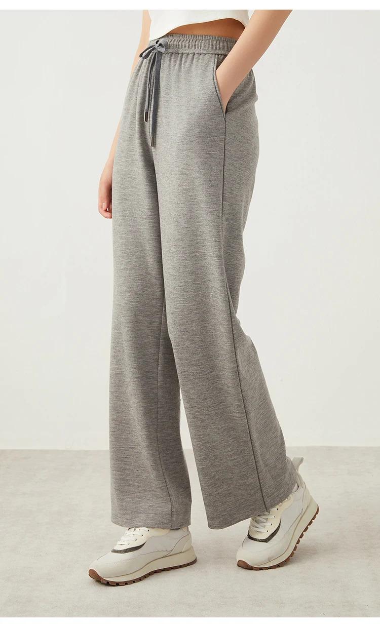 K2534W Luxury Women's Clothing Minimalist Light Grey Loose Straight Woolen Pants 70% Australian Wool Trousers for Lady