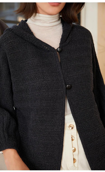 BC-309 Thick 100% Pure Wool Button Hooded Knit Mid-Length Sweater Coat For Women Hoodie Cardigan Women Cardigan Sweater Clothes