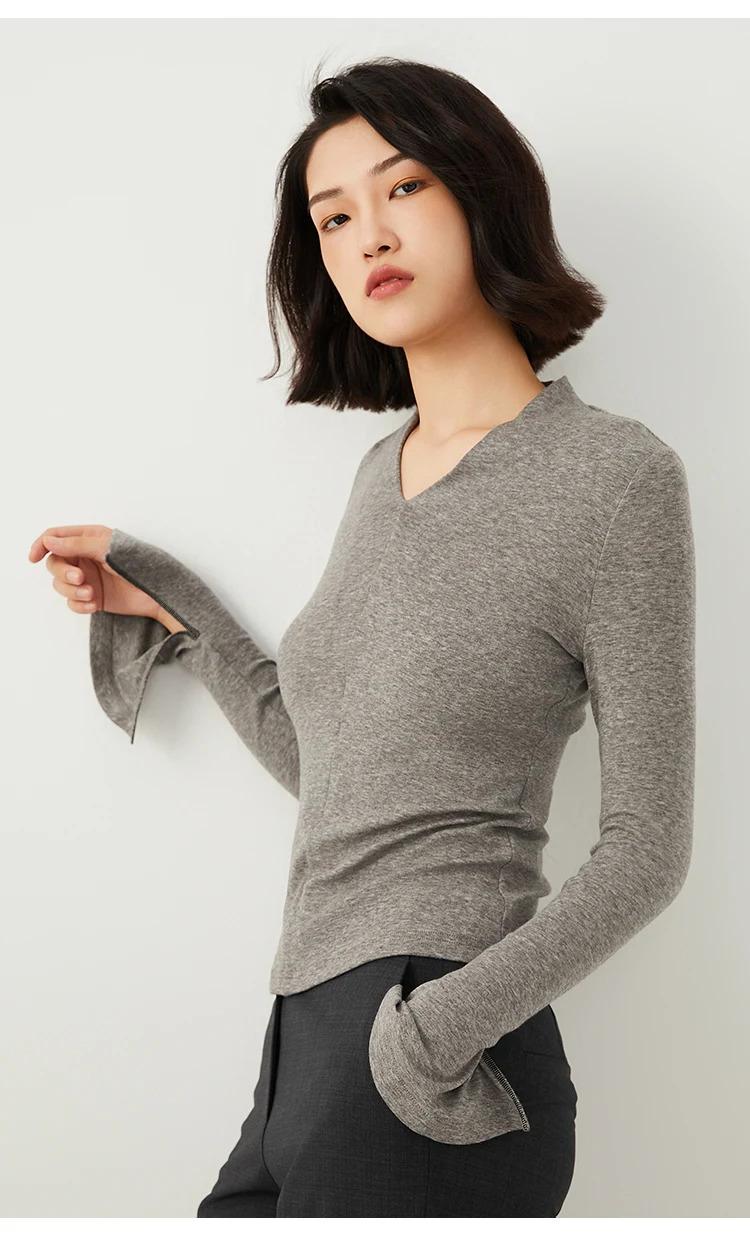 K2528L Luxury Wool Tencel Base Shirt T-Shirt Luxury Women's High Quality Autumn New Solid Color V Neck BC