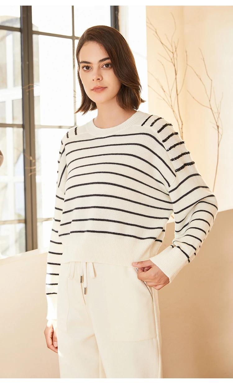 BC-200 Striped Sequined Batwing Sleeved Loose 2/26NM 7GG 100% Merino Wool Clothes Knit woolen Tops For Women's Sweaters