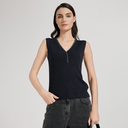 2025 Women's simple solid color wool silk V-neck vest sweater BC1007