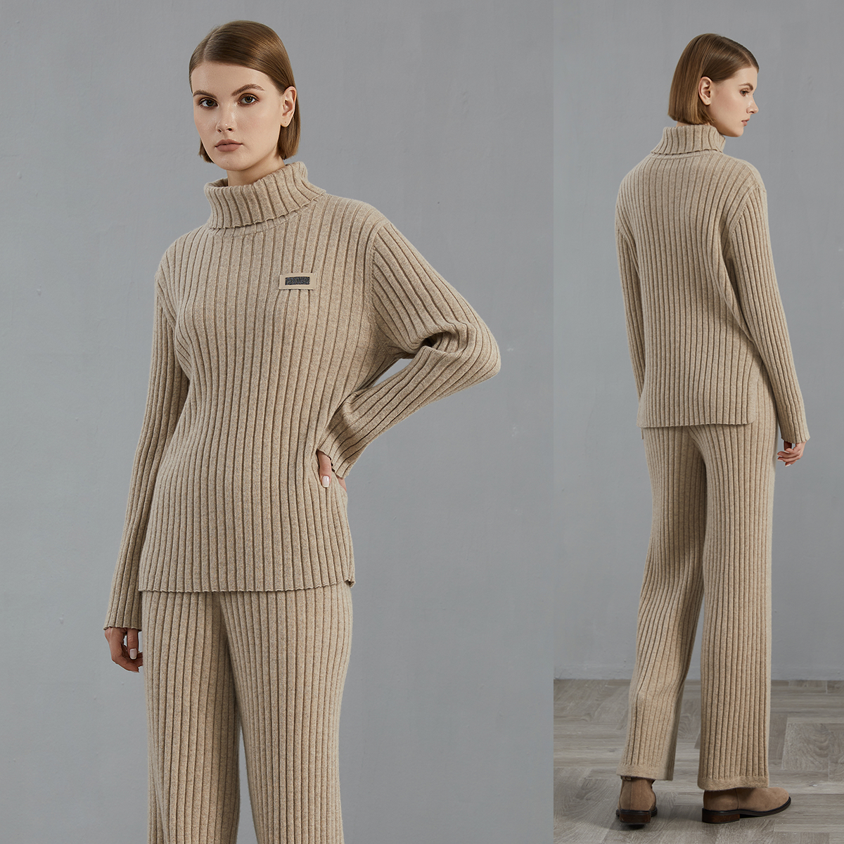 Elegant Woolen Set with Tailored Top and Slim Pants