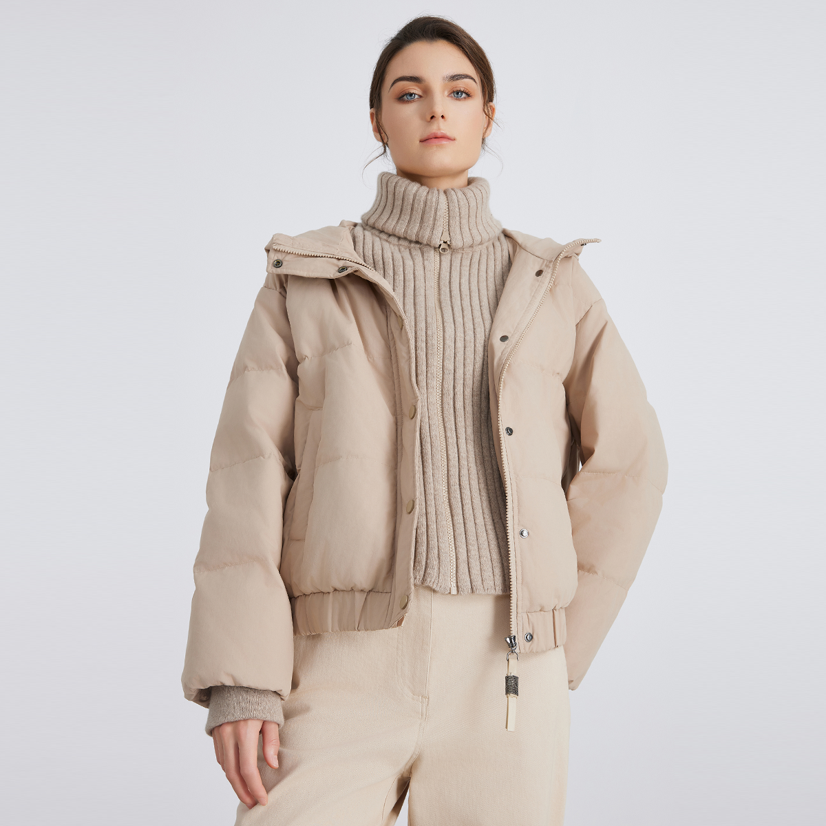 BC869 Turtleneck hooded zipper button stitchinglight luxury white goose down jacket for women