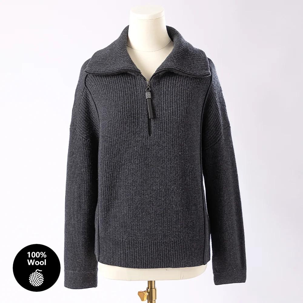 BC-307 In Stock Luxury Turn Collar Half Zipper 100% Wool Clothes Women Sweater Knit Sweater Woman Pullover Sweater