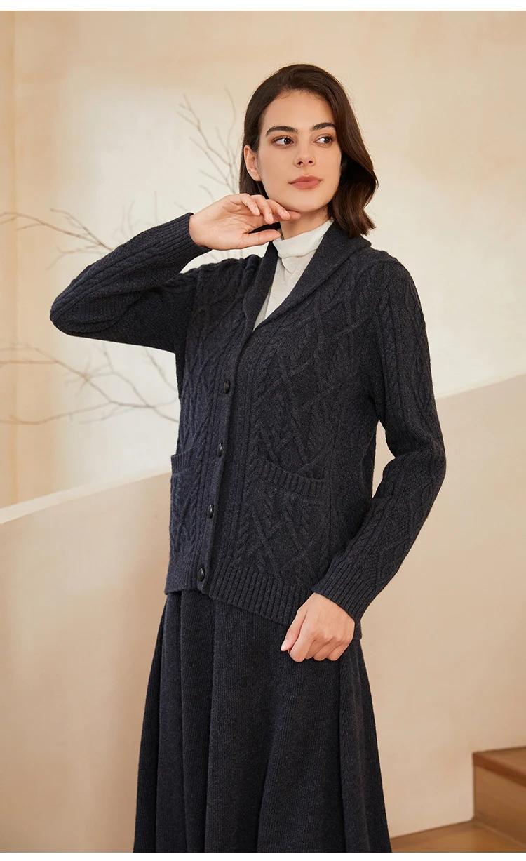 BC-298 Single Breasted Turn-Down Collar 7GG 2/26NM 100% Wool Clothes Knitwear Women Wool Cardigan Knit Sweater Cardigan Women