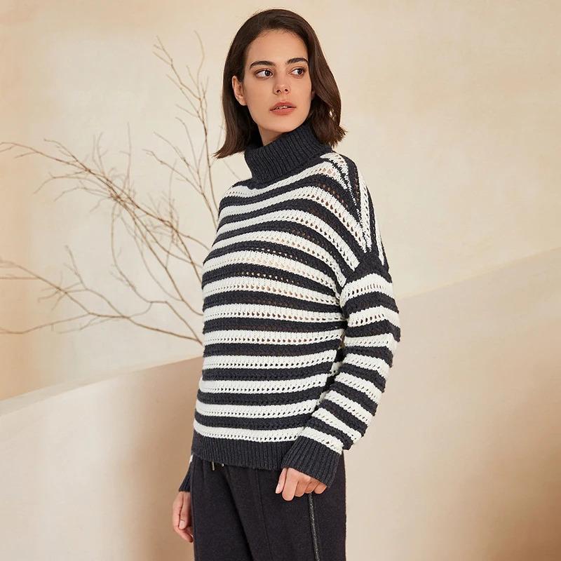 BC-290 Colorblocking Turtle Neck 100% Wool Clothes Knit Knitwear Women's Clothing Sweaters Woolen Sweater