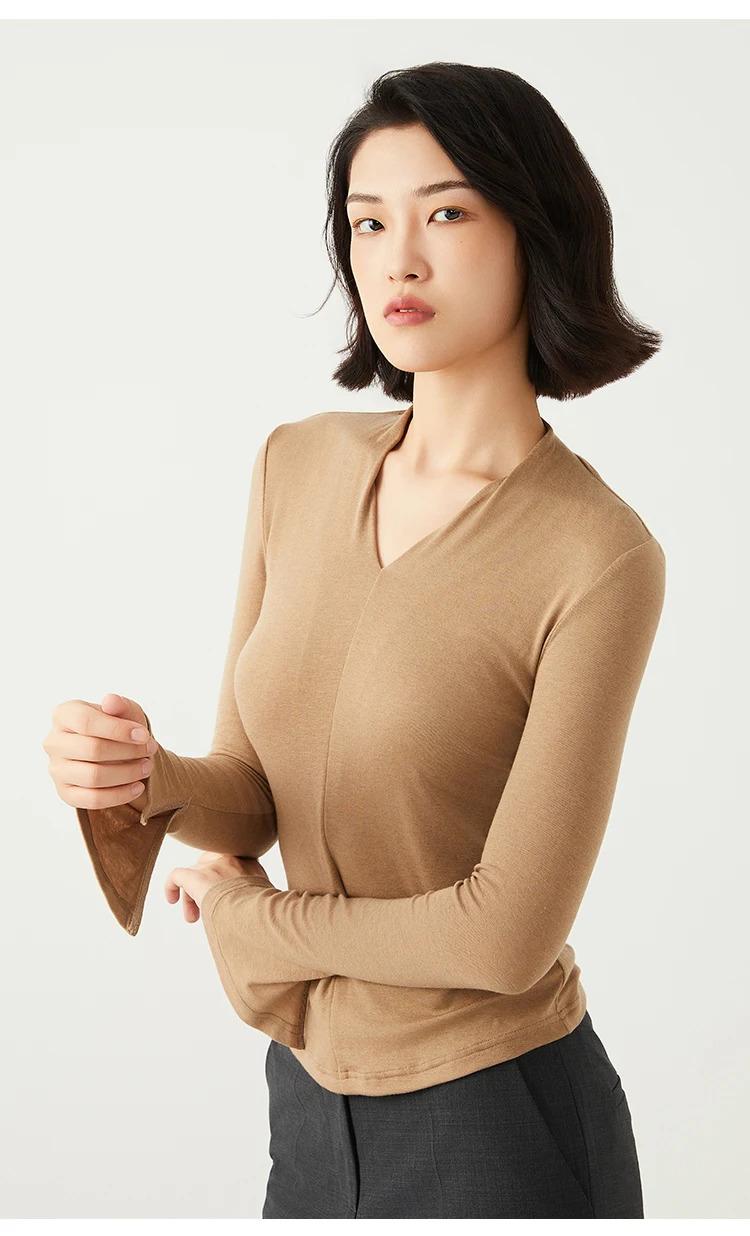 K2528L Luxury Wool Tencel Base Shirt T-Shirt Luxury Women's High Quality Autumn New Solid Color V Neck BC