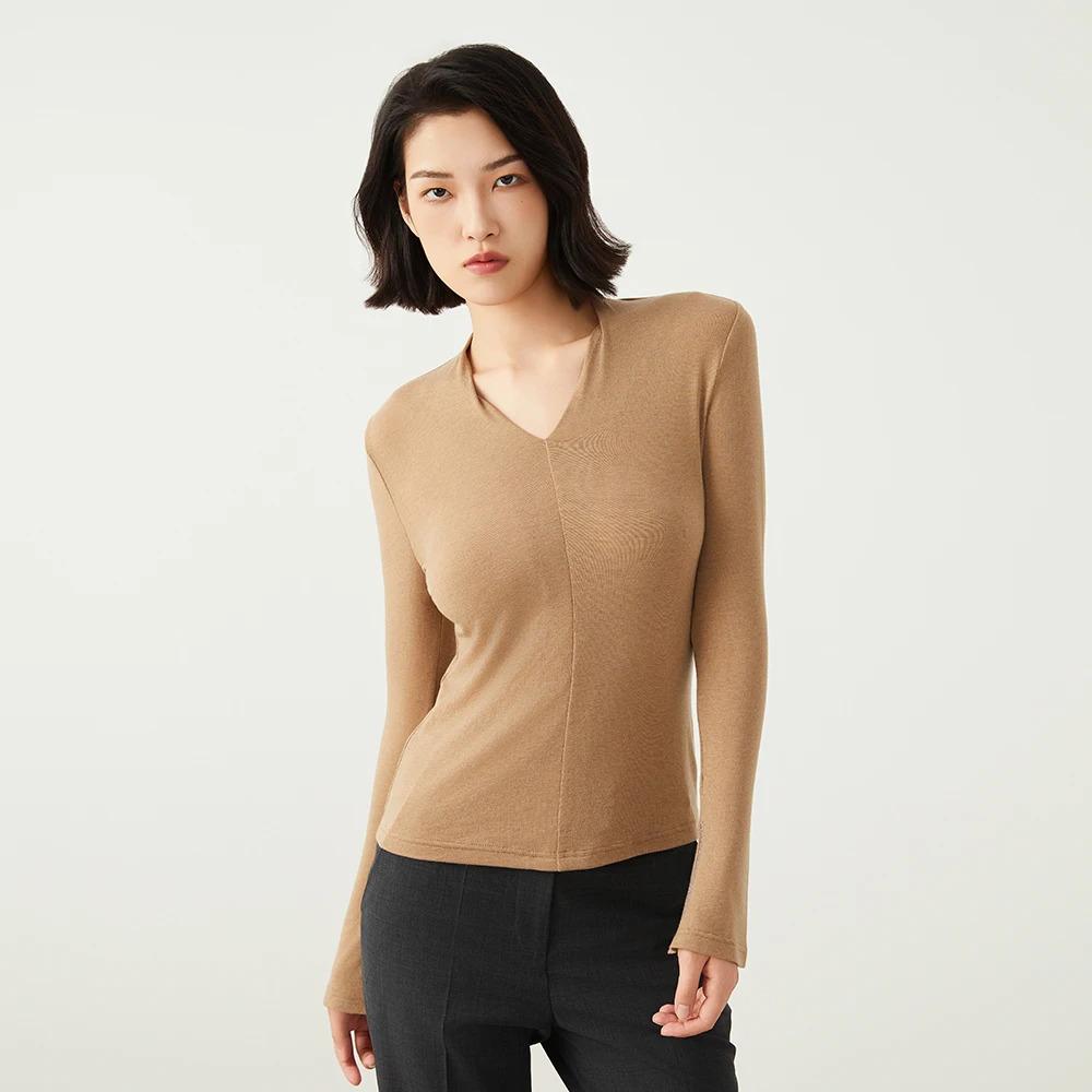 K2528L Luxury Wool Tencel Base Shirt T-Shirt Luxury Women's High Quality Autumn New Solid Color V Neck BC