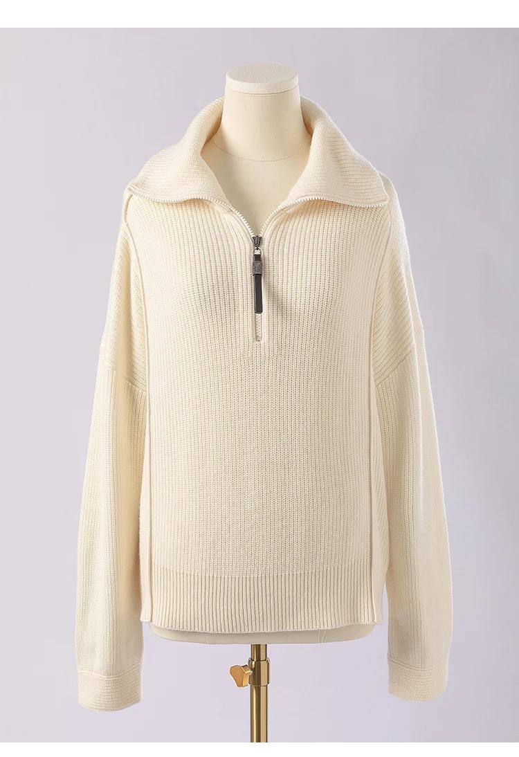 BC-307 In Stock Luxury Turn Collar Half Zipper 100% Wool Clothes Women Sweater Knit Sweater Woman Pullover Sweater