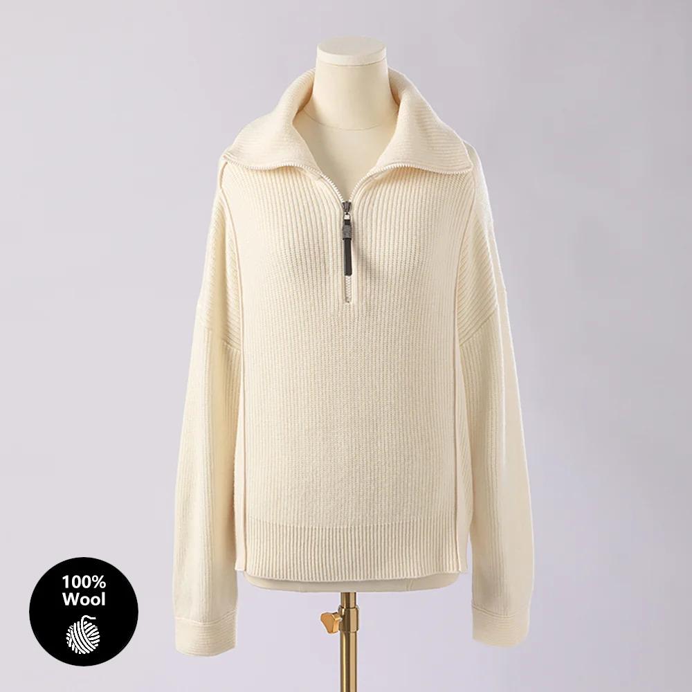 BC-307 In Stock Luxury Turn Collar Half Zipper 100% Wool Clothes Women Sweater Knit Sweater Woman Pullover Sweater