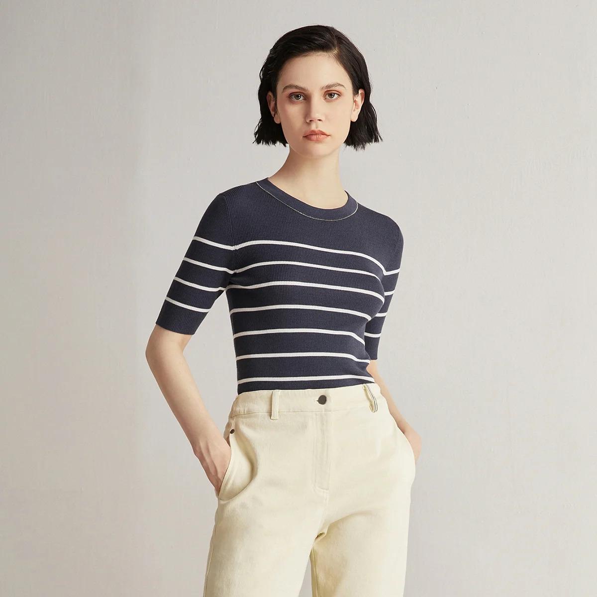 BC-28 Summer Ladies Luxury Brand Clothes Merino Wool Sweaters Silk Striped Tops For Women High Quality Clothing